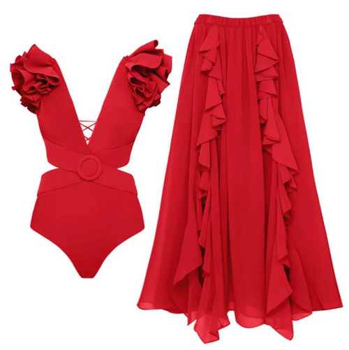 3d Solid Color Swimwear & Ruffled Skirt