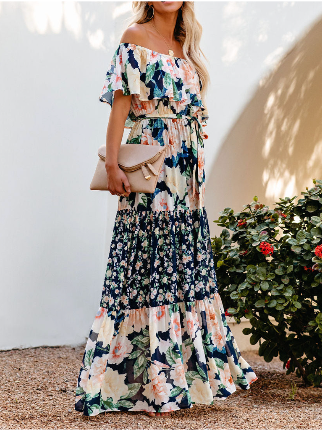 Off-shoulder Floral Printed Beach Dress