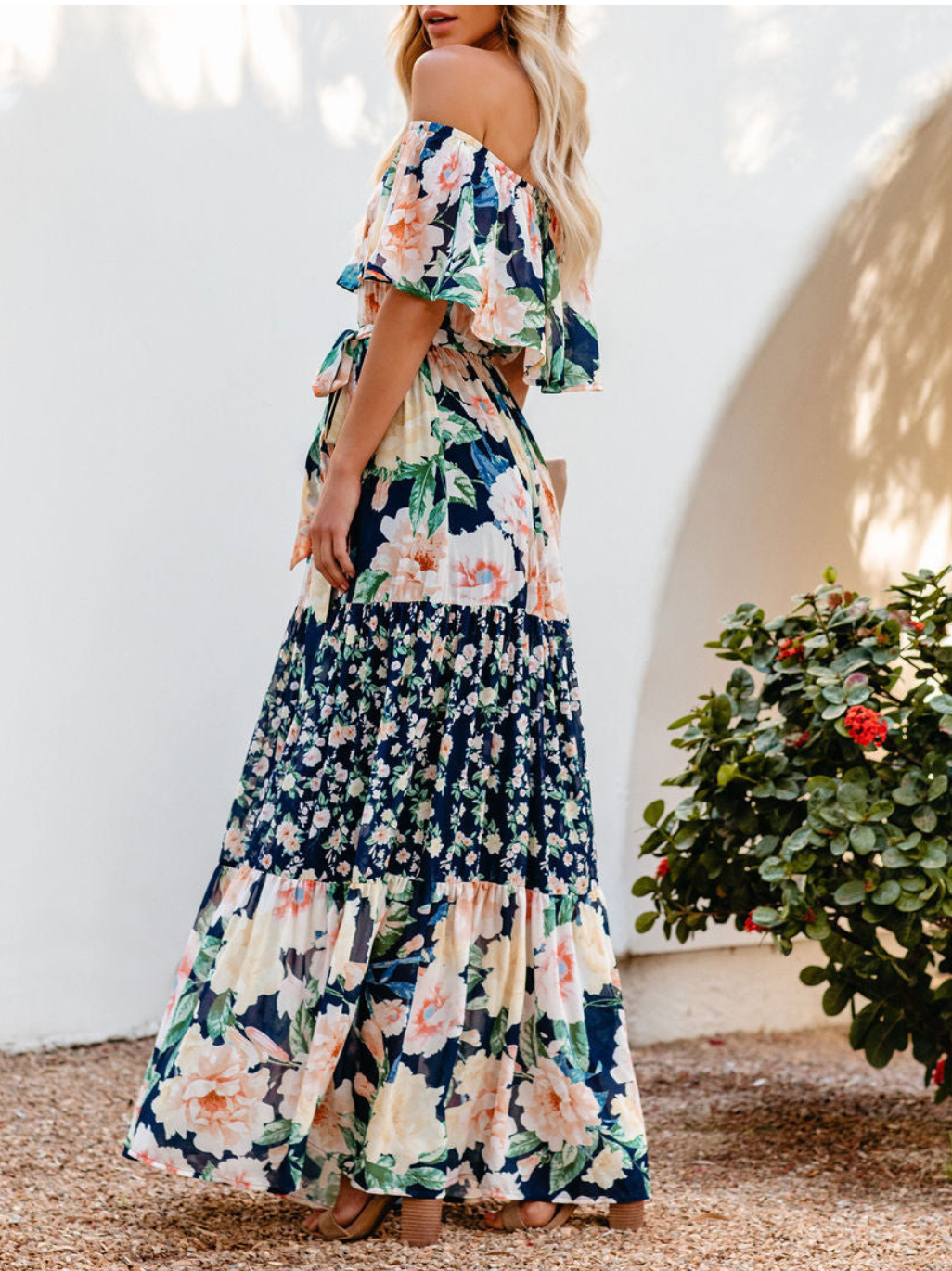 Off-shoulder Floral Printed Beach Dress