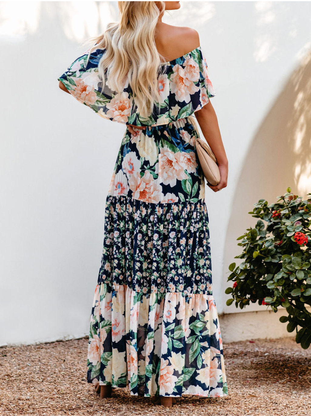 Off-shoulder Floral Printed Beach Dress
