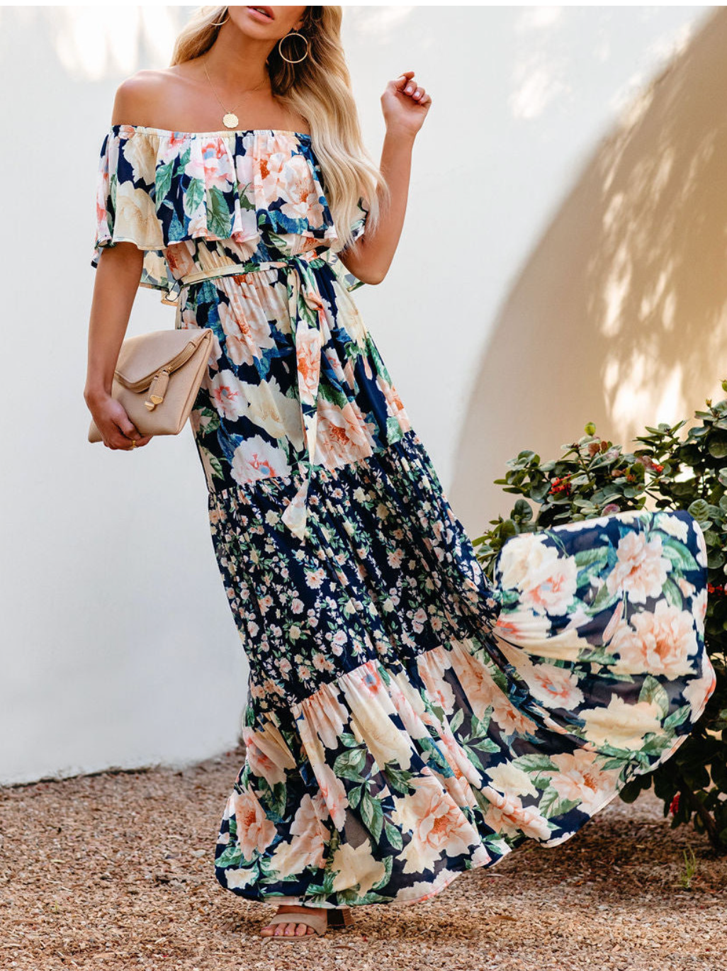 Off-shoulder Floral Printed Beach Dress