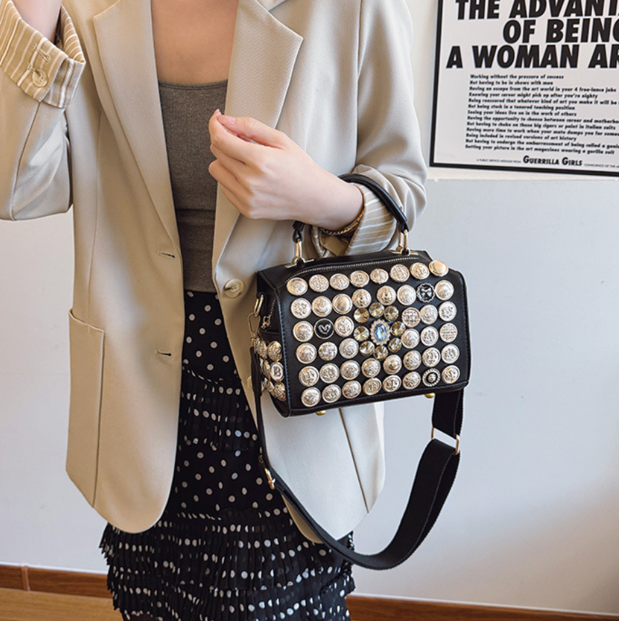 Button & Rhinestone Studded Crossbody Bag