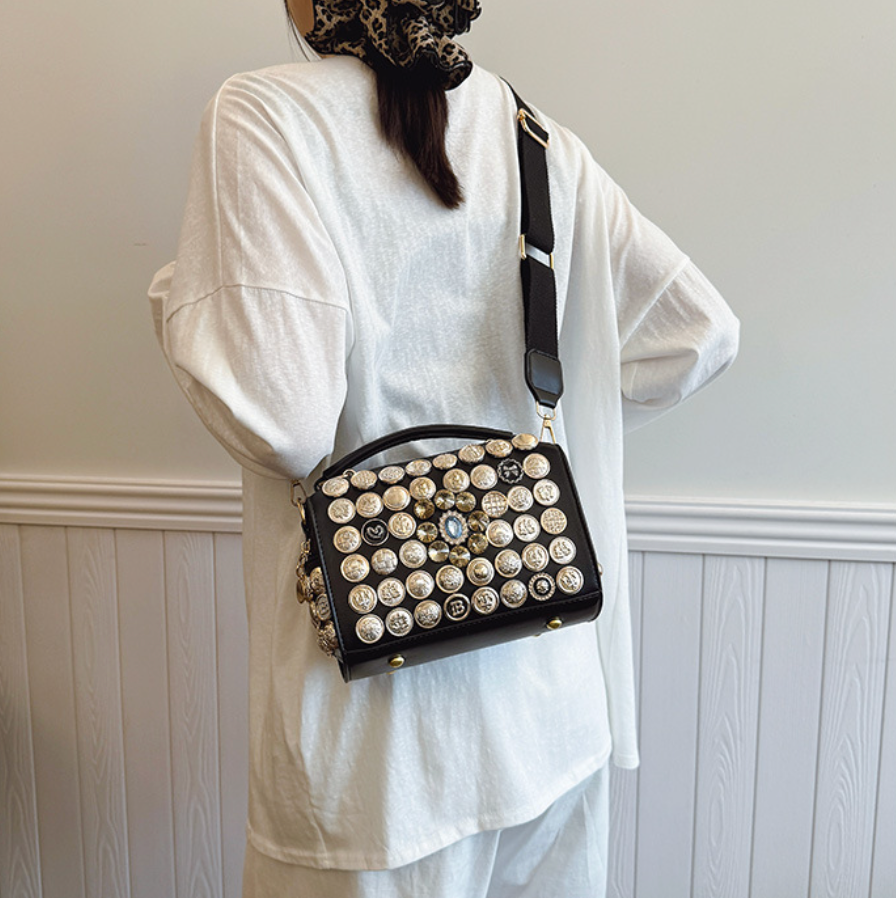 Button & Rhinestone Studded Crossbody Bag