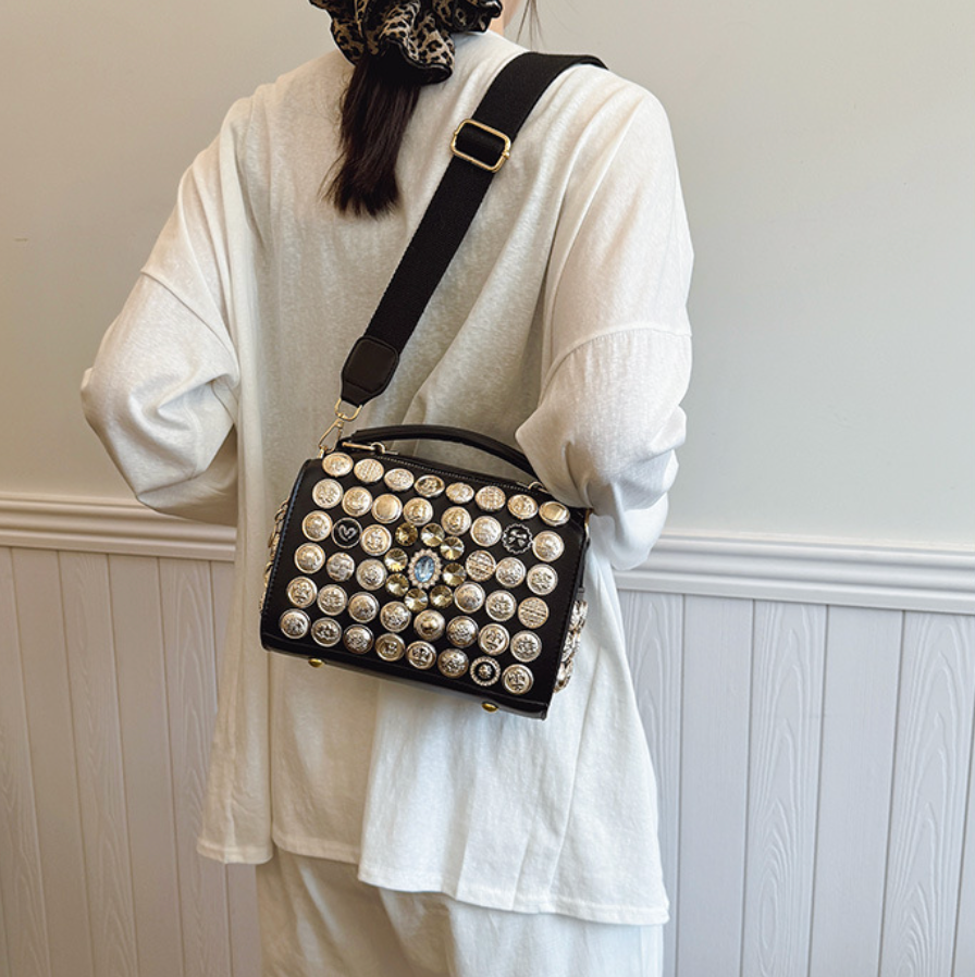 Button & Rhinestone Studded Crossbody Bag
