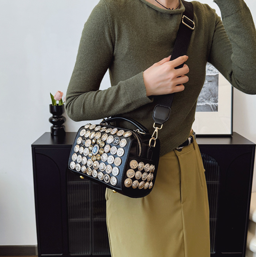 Button & Rhinestone Studded Crossbody Bag