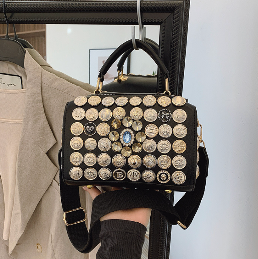 Button & Rhinestone Studded Crossbody Bag