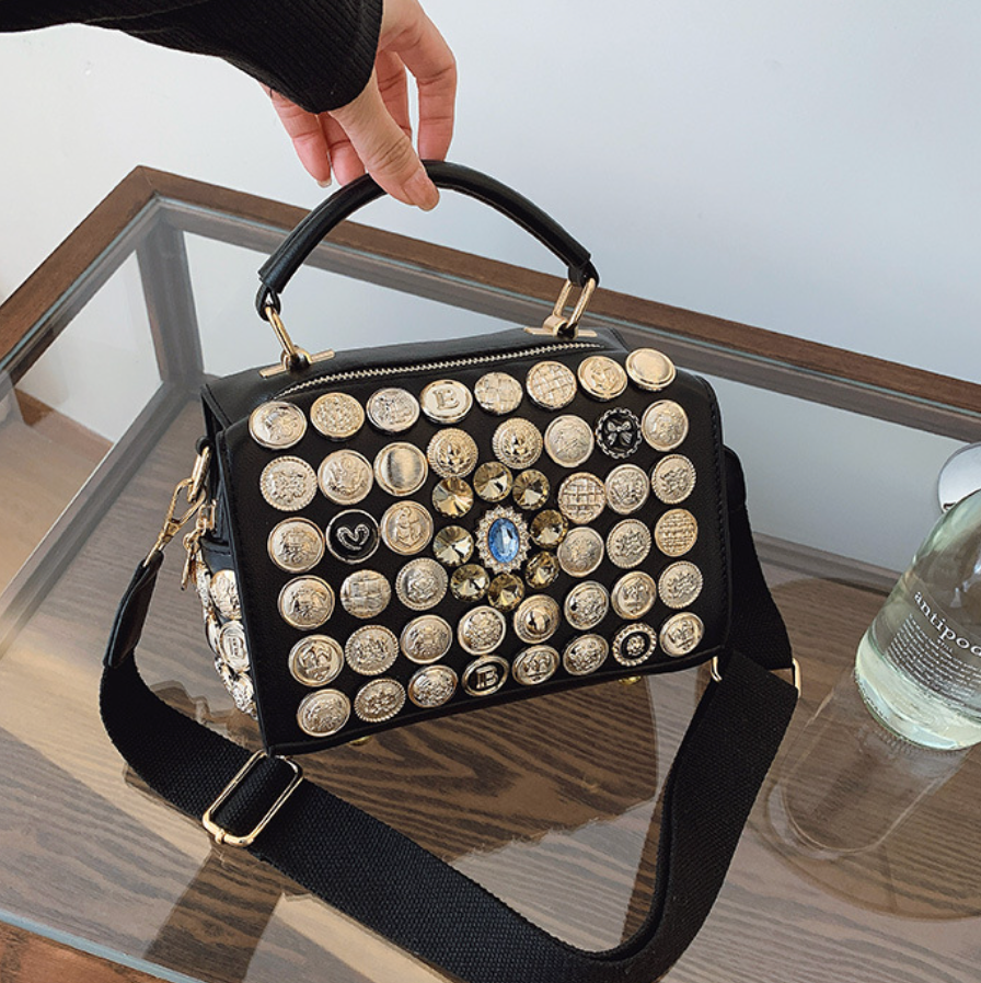 Button & Rhinestone Studded Crossbody Bag