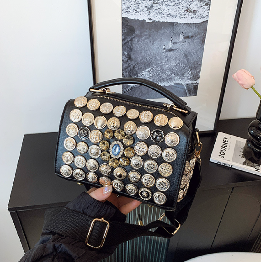 Button & Rhinestone Studded Crossbody Bag