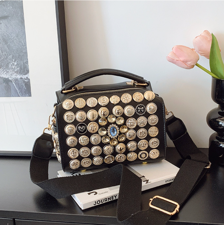 Button & Rhinestone Studded Crossbody Bag