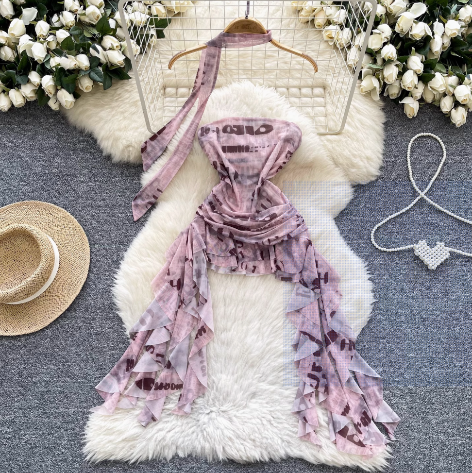 Irregular Design Monogrammed Printed Bustier Dress