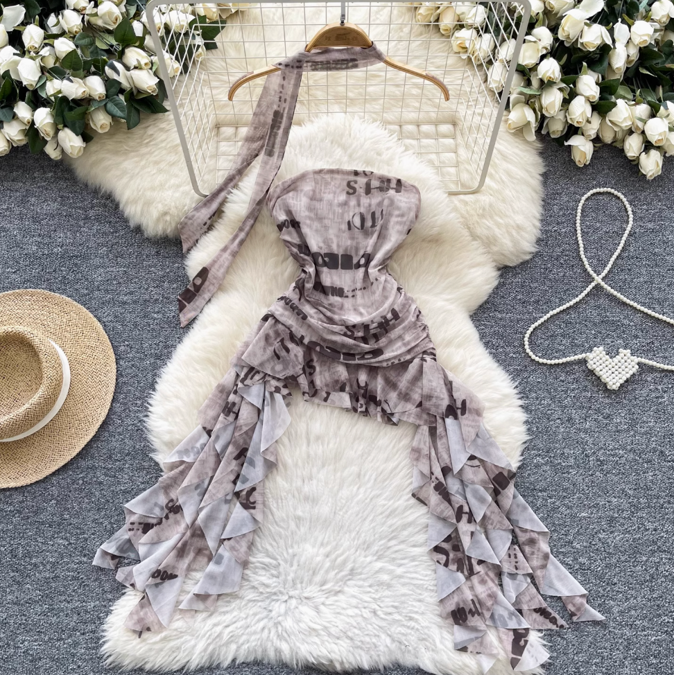 Irregular Design Monogrammed Printed Bustier Dress