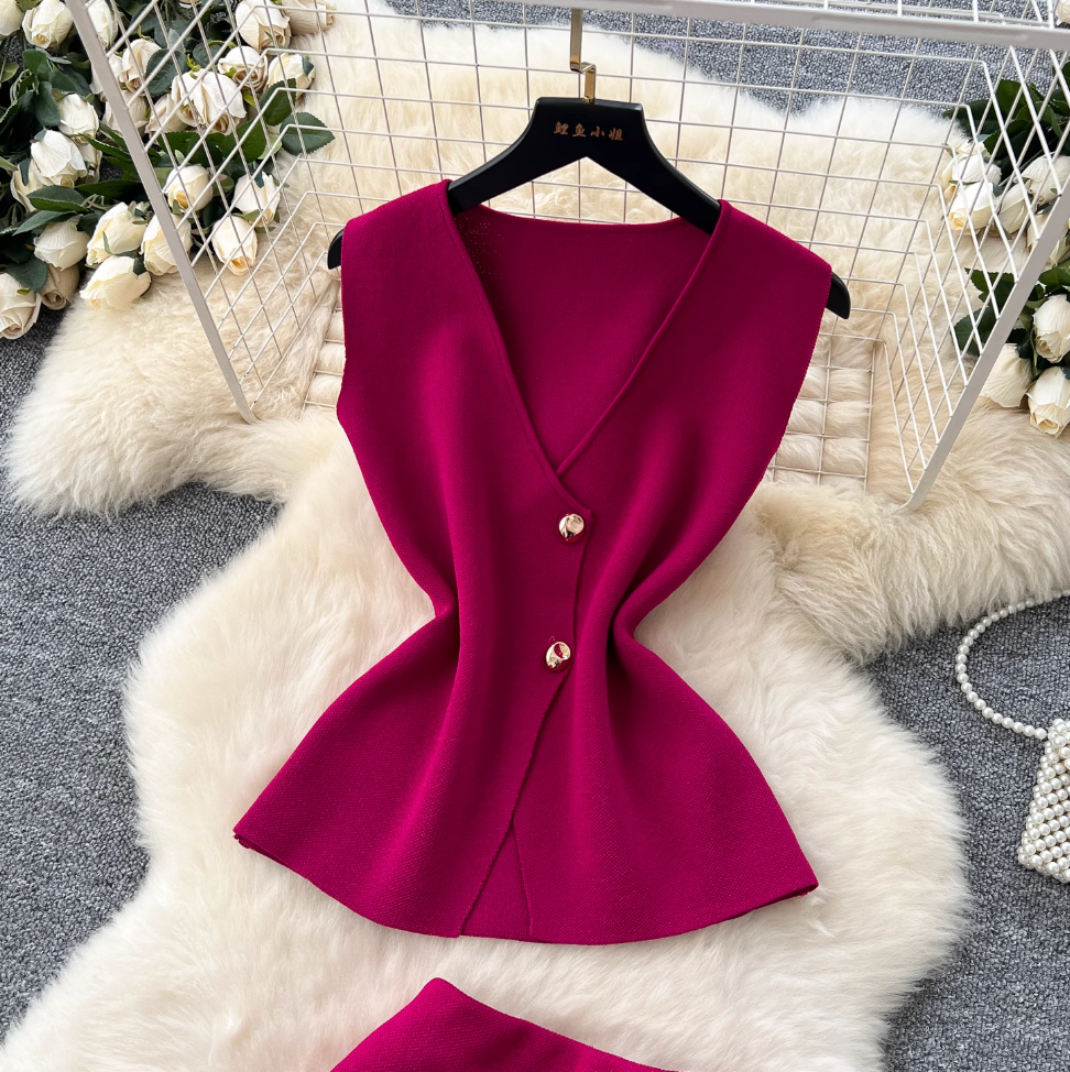 Elegant Knitted Vest & Patchwork Skirt 2Pcs