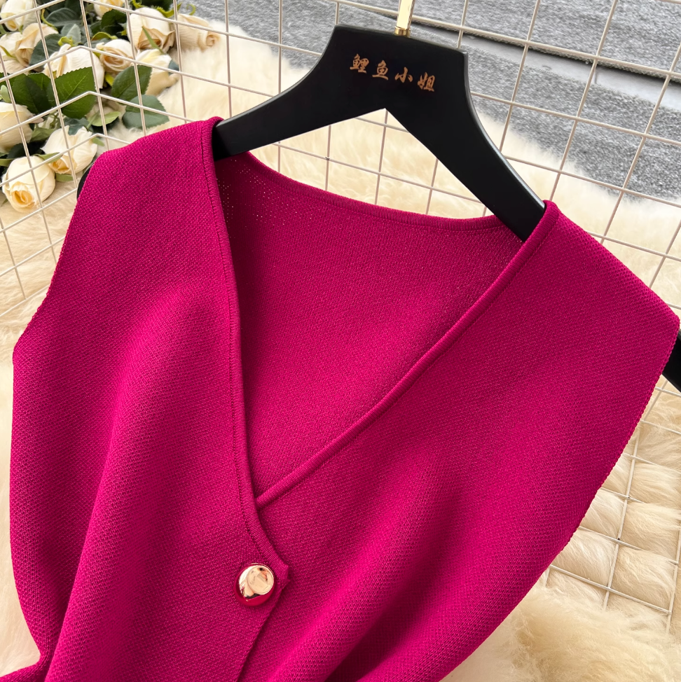 Elegant Knitted Vest & Patchwork Skirt 2Pcs