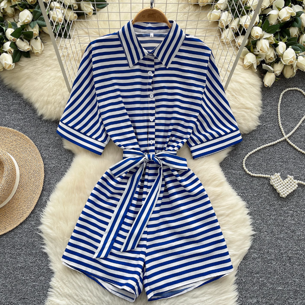 Polo Collar Striped Shirt Rompers