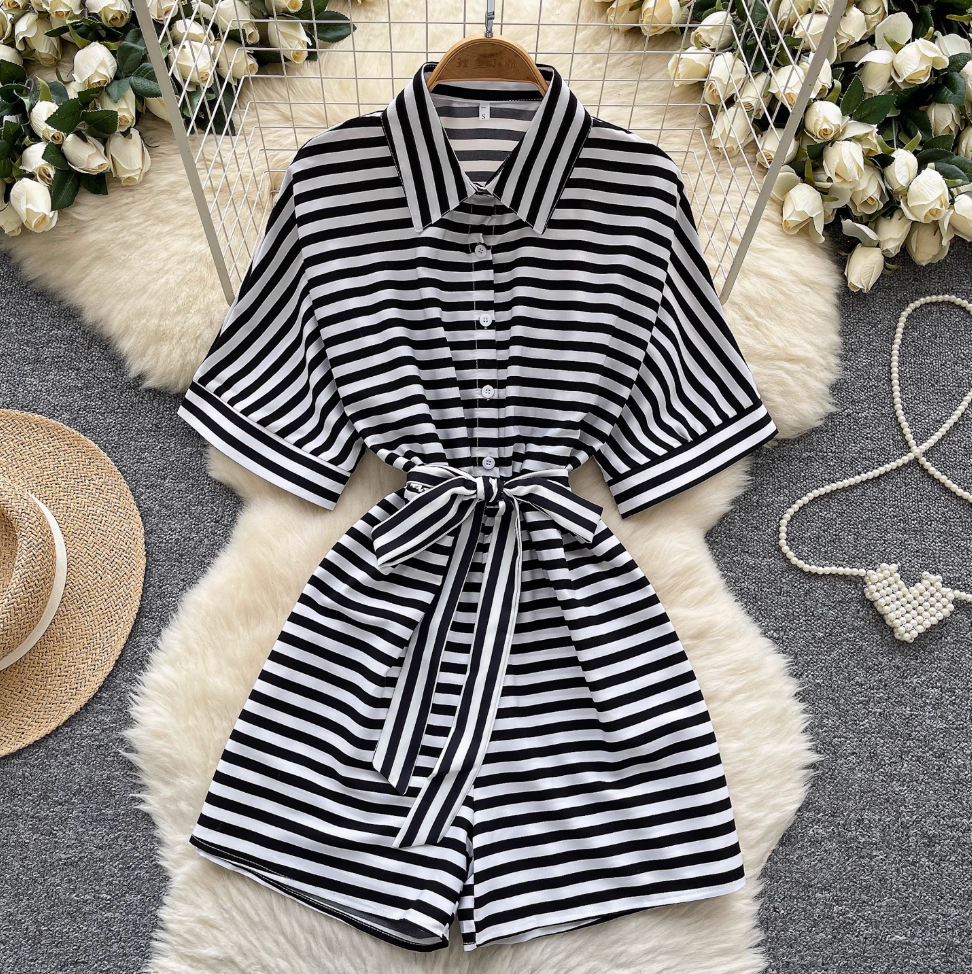 Polo Collar Striped Shirt Rompers