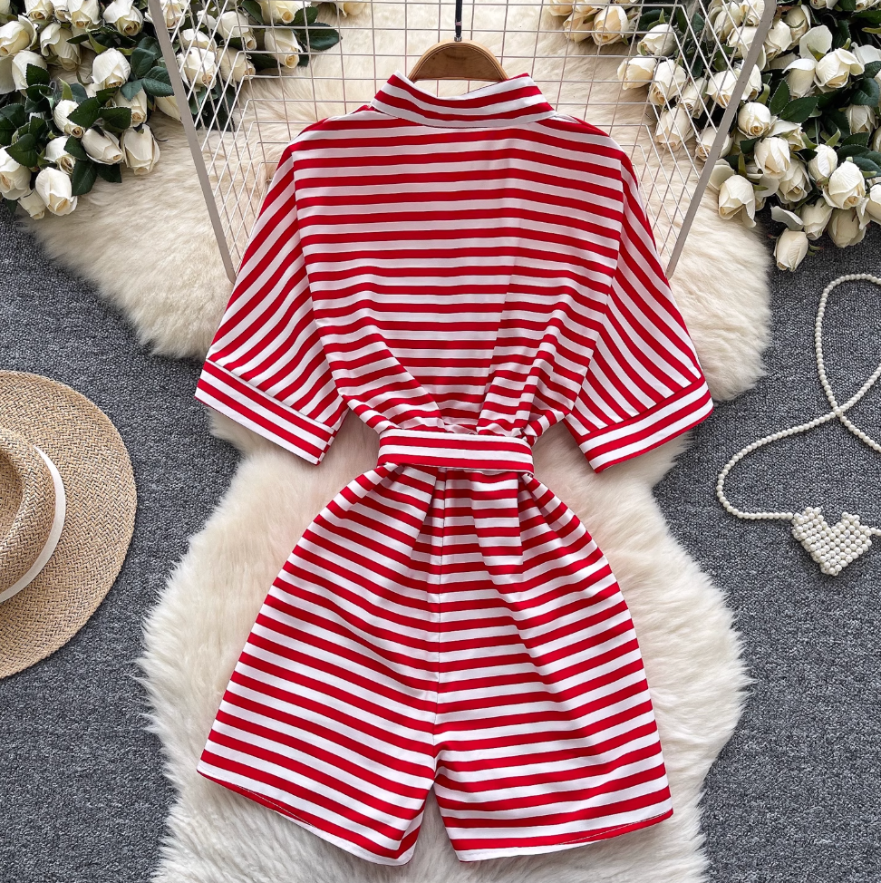 Polo Collar Striped Shirt Rompers
