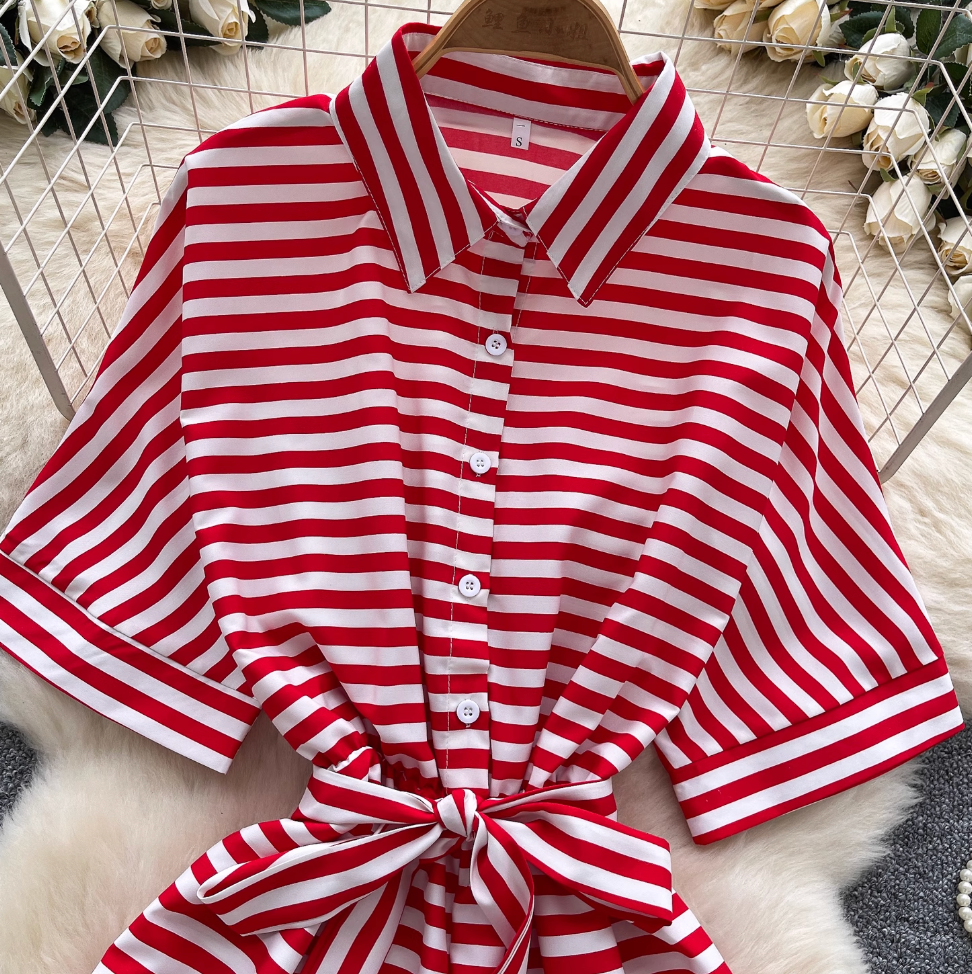 Polo Collar Striped Shirt Rompers