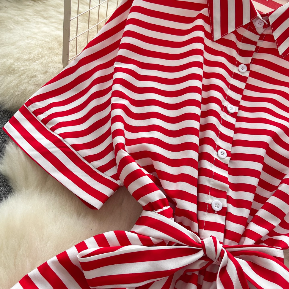 Polo Collar Striped Shirt Rompers