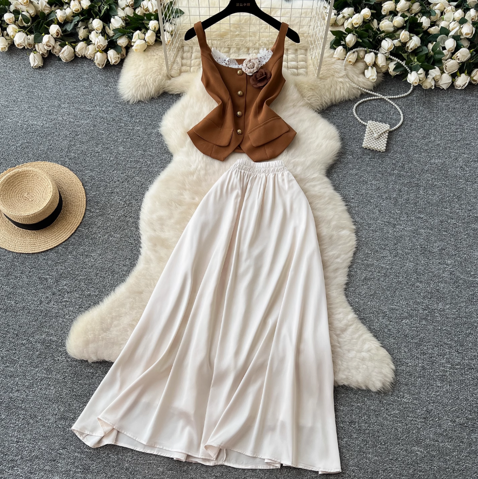 Lace-trim Vest & Satin Skirt 2Pcs