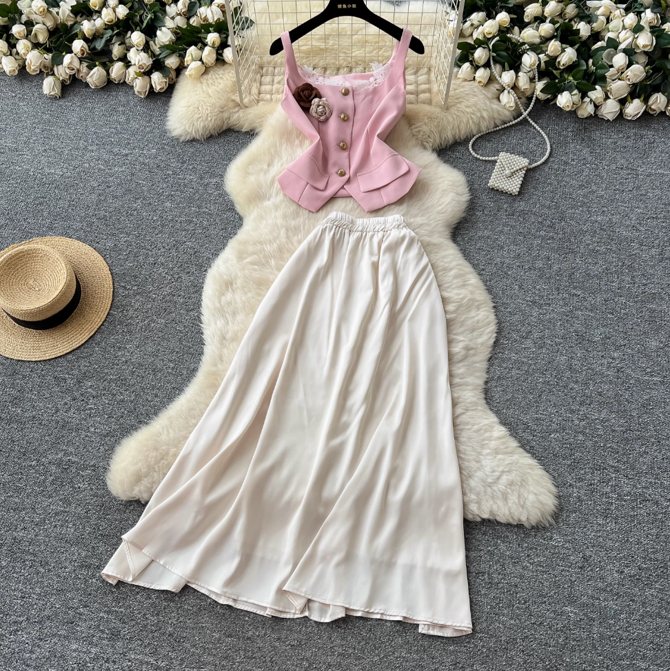Lace-trim Vest & Satin Skirt 2Pcs