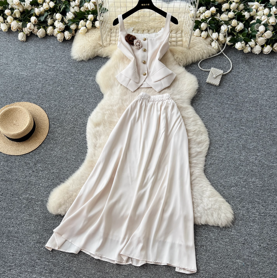 Lace-trim Vest & Satin Skirt 2Pcs