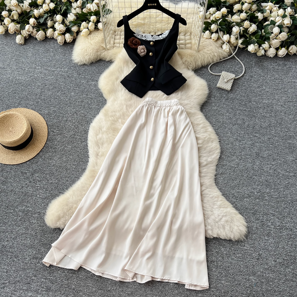 Lace-trim Vest & Satin Skirt 2Pcs