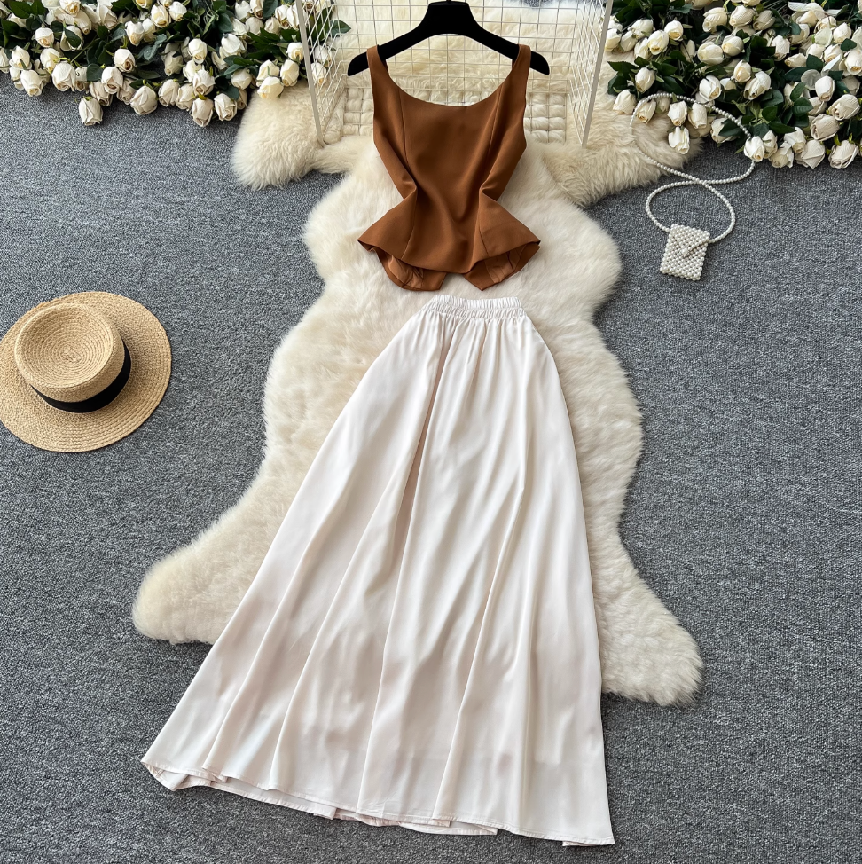 Lace-trim Vest & Satin Skirt 2Pcs