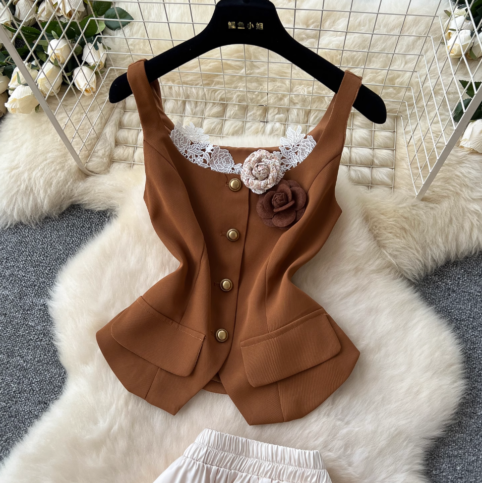 Lace-trim Vest & Satin Skirt 2Pcs
