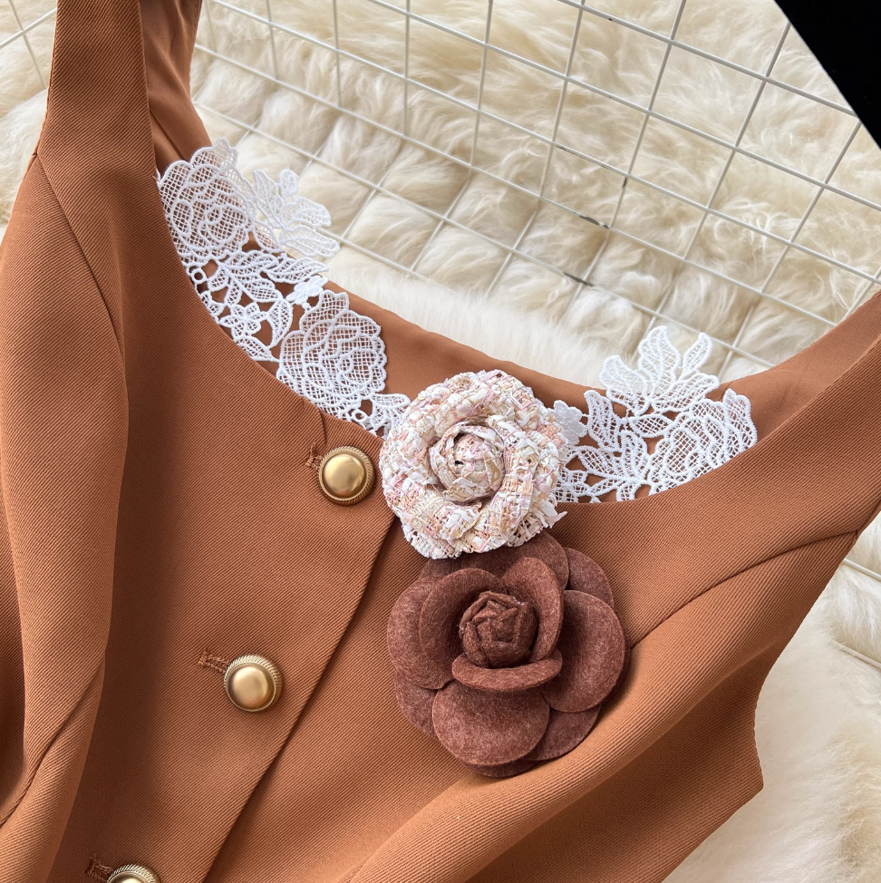 Lace-trim Vest & Satin Skirt 2Pcs