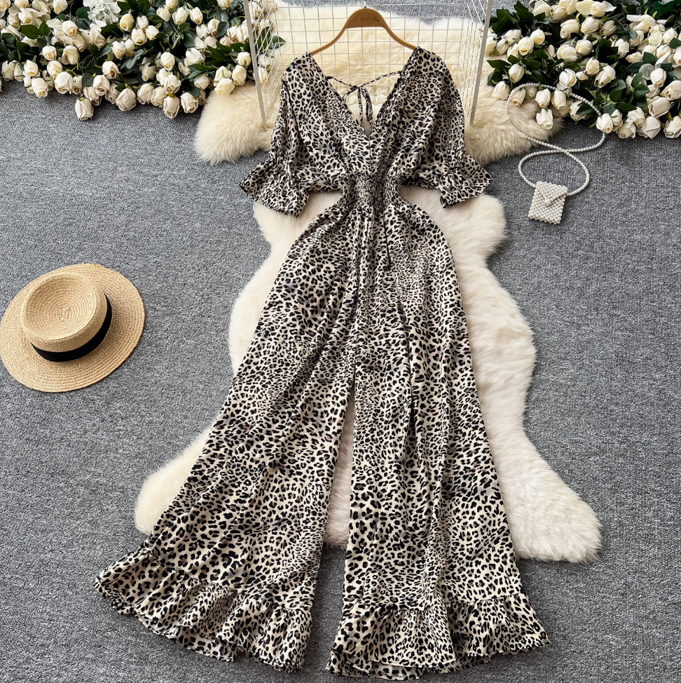 V-neck Lace Up Leopard Printed Jumpsuits