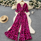 V-neck Lace Up Leopard Printed Jumpsuits