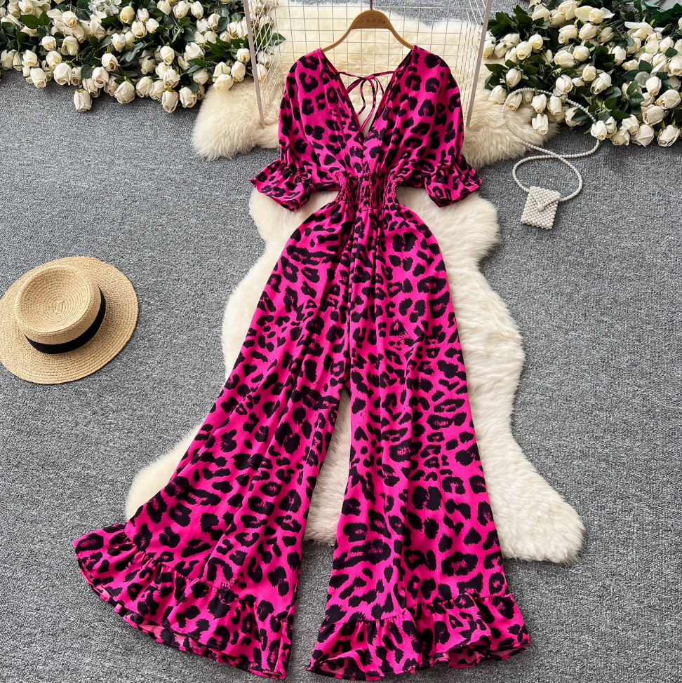V-neck Lace Up Leopard Printed Jumpsuits