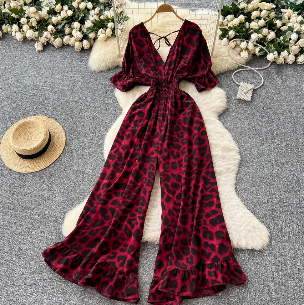 V-neck Lace Up Leopard Printed Jumpsuits