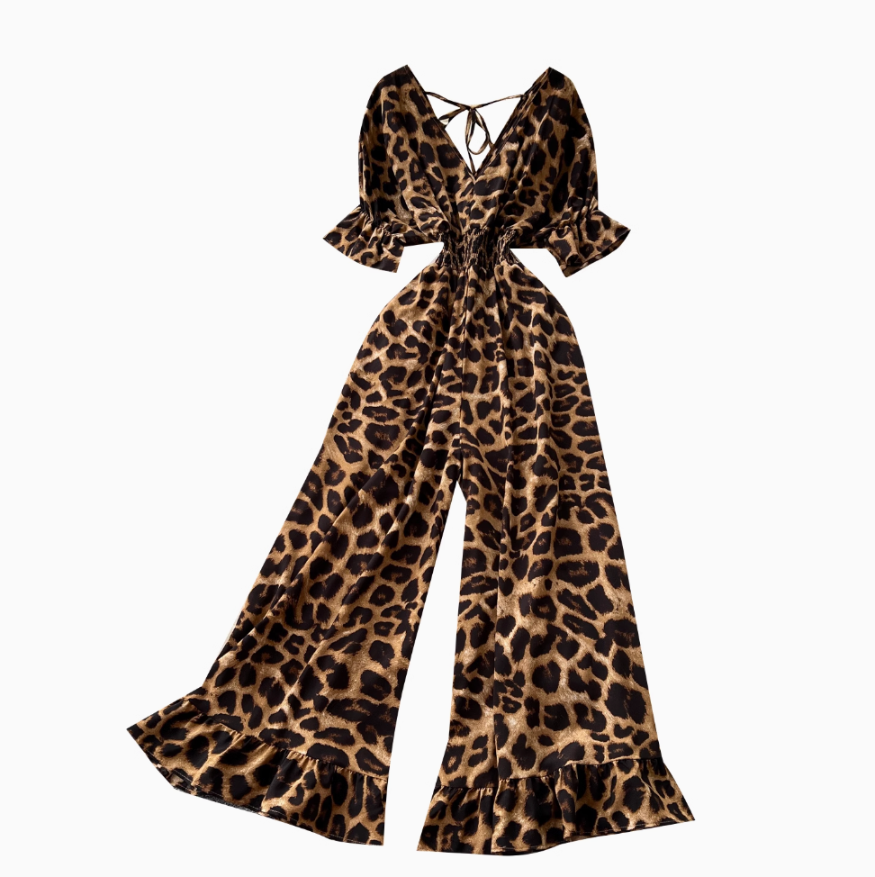 V-neck Lace Up Leopard Printed Jumpsuits