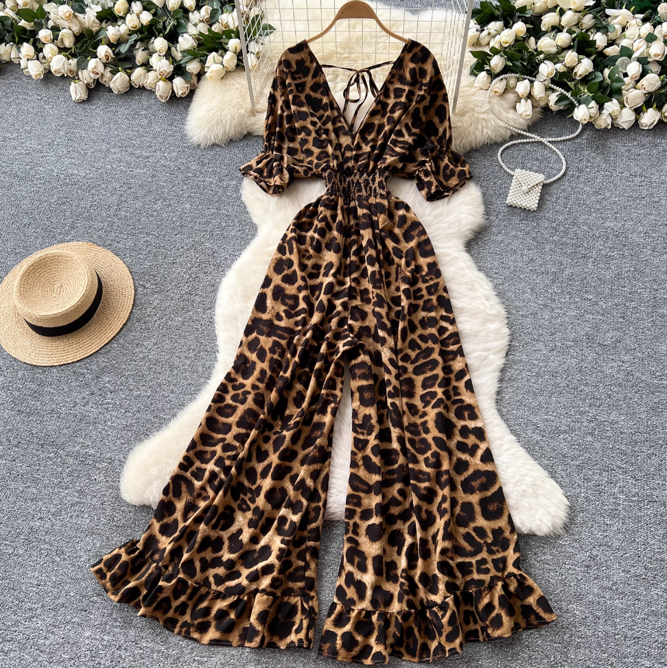 V-neck Lace Up Leopard Printed Jumpsuits