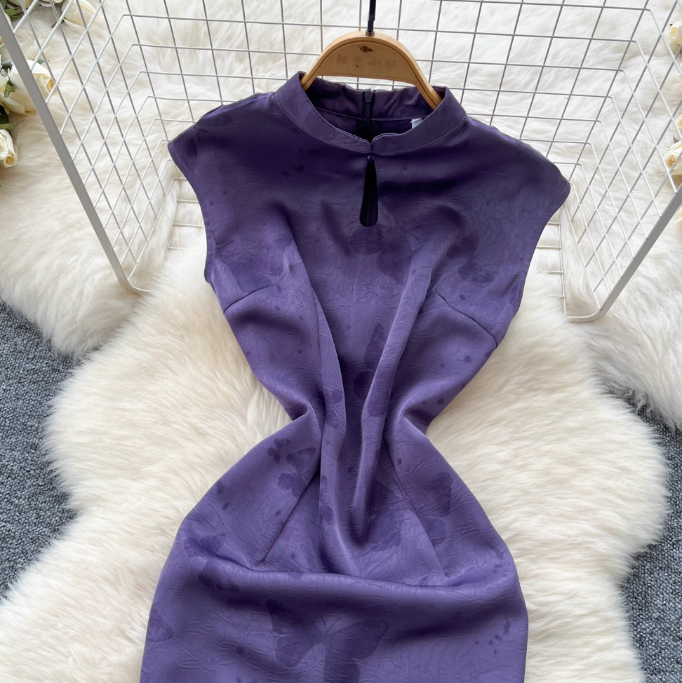 Hollowed Jacquard Satin Cheongsam Dress