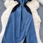 Vintage Polo Collar Denim Patchwork Dress
