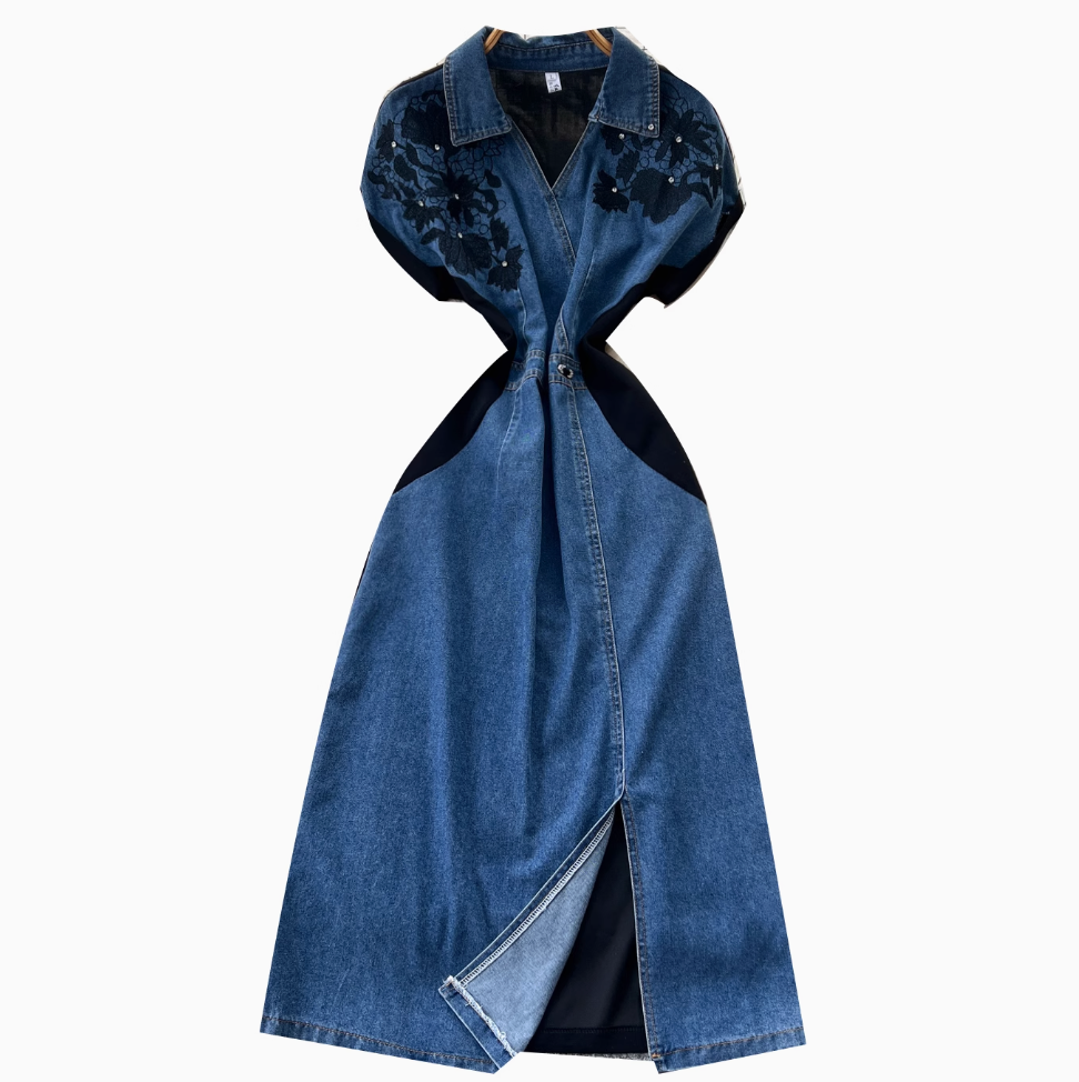 Vintage Polo Collar Denim Patchwork Dress