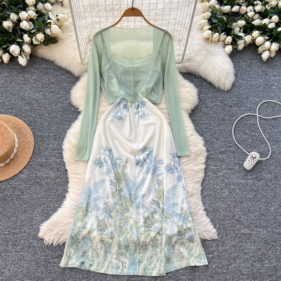 Mesh Cardigan & Floral Slip Dress 2Pcs