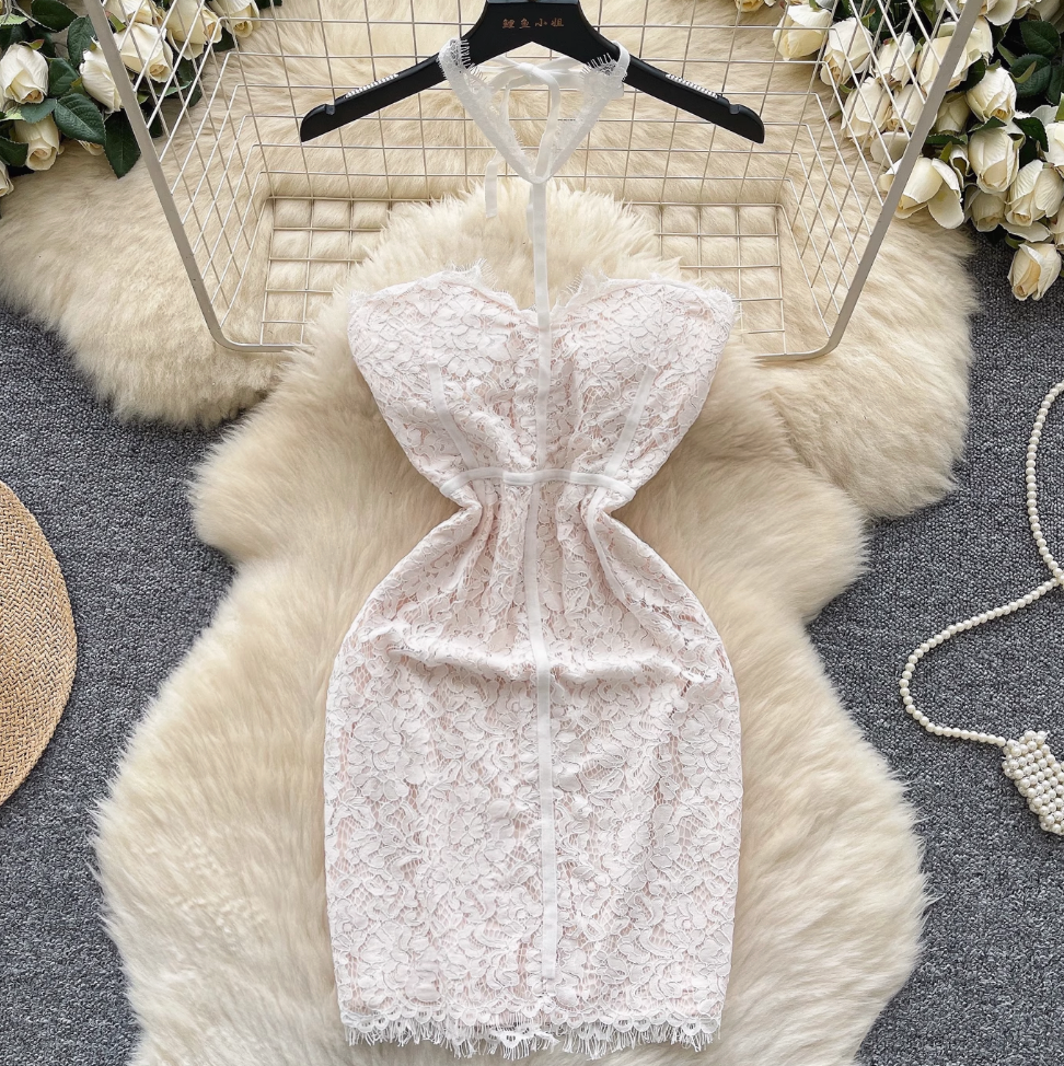 Embroidered Lace Bustier Halter Dress