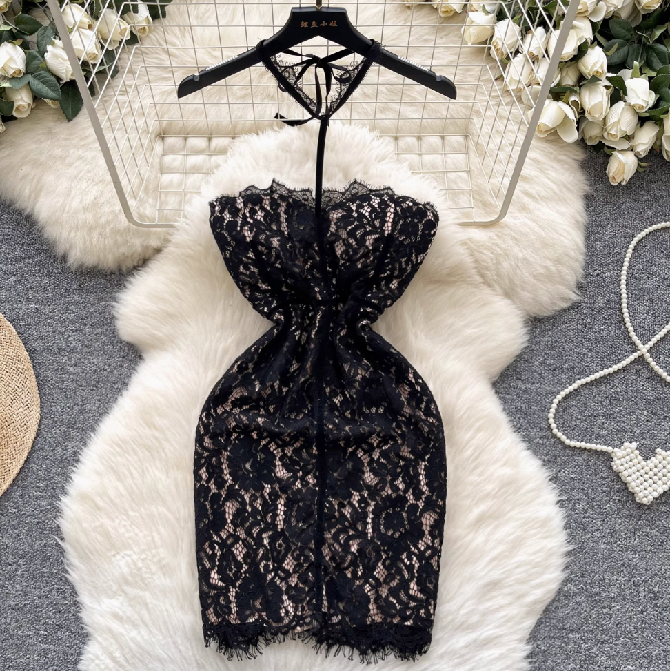Embroidered Lace Bustier Halter Dress