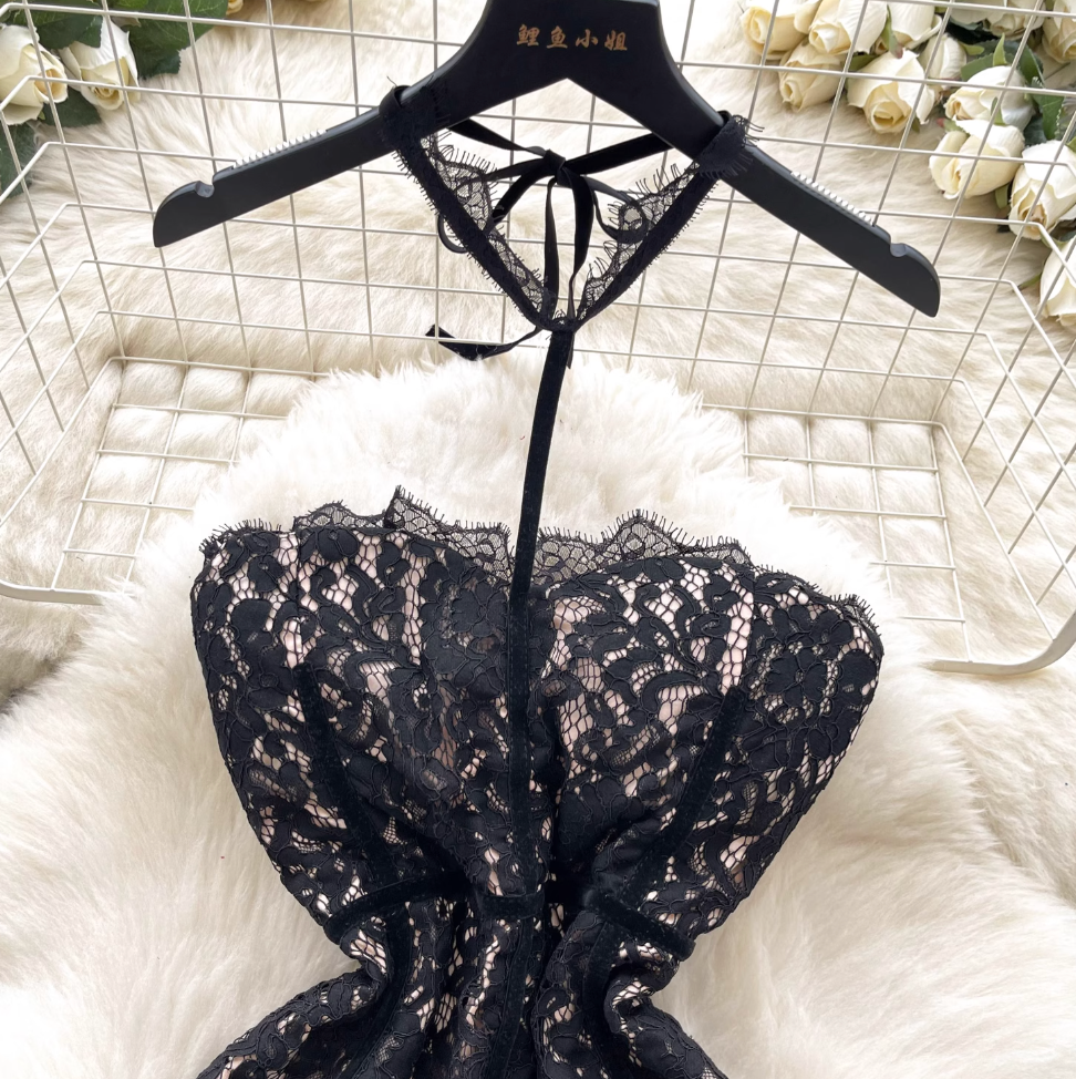 Embroidered Lace Bustier Halter Dress