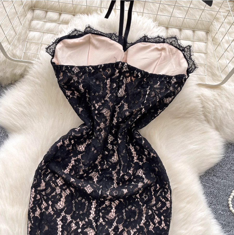 Embroidered Lace Bustier Halter Dress