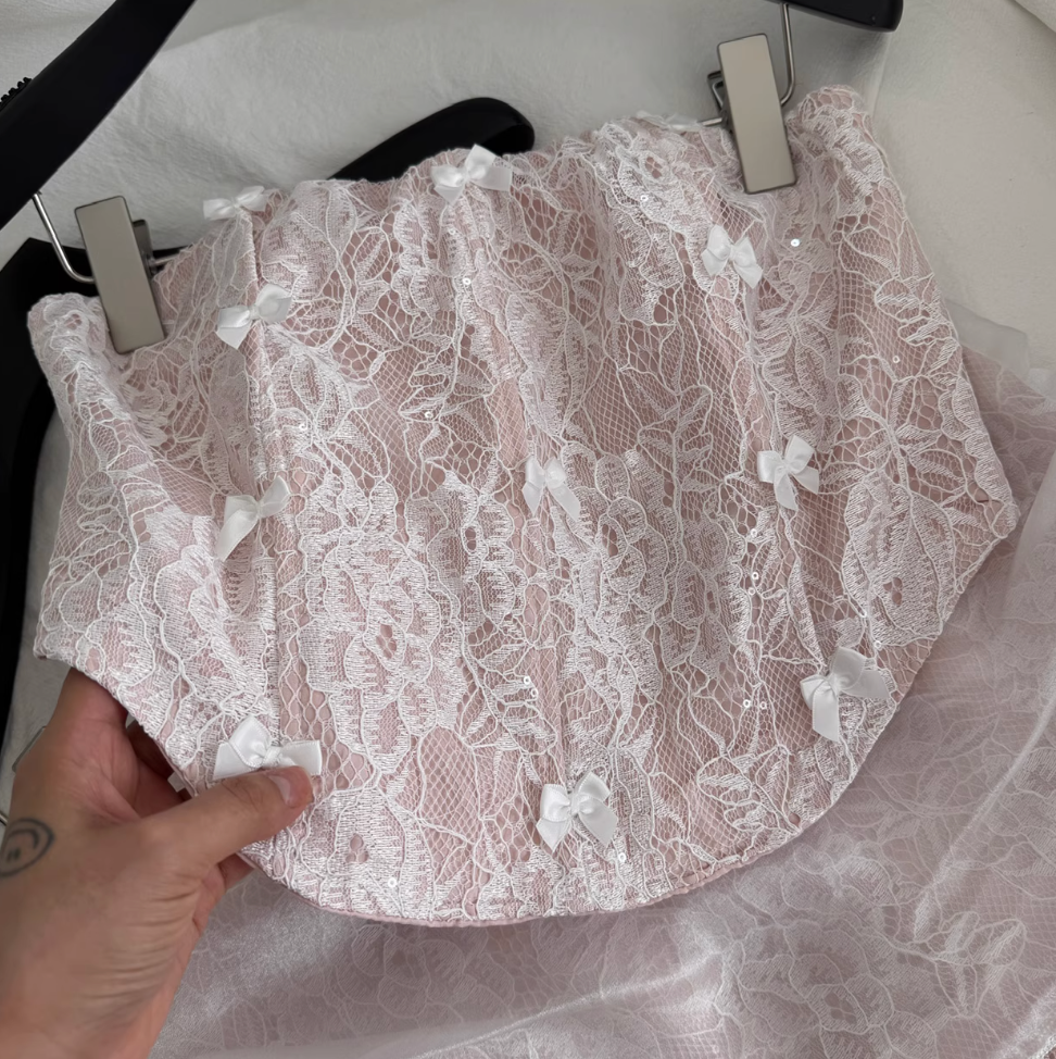 Fishbone Top & Lace Patchwork Skirt 2Pcs