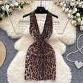 Deep V-neck Sequined Leopard Printed Dress