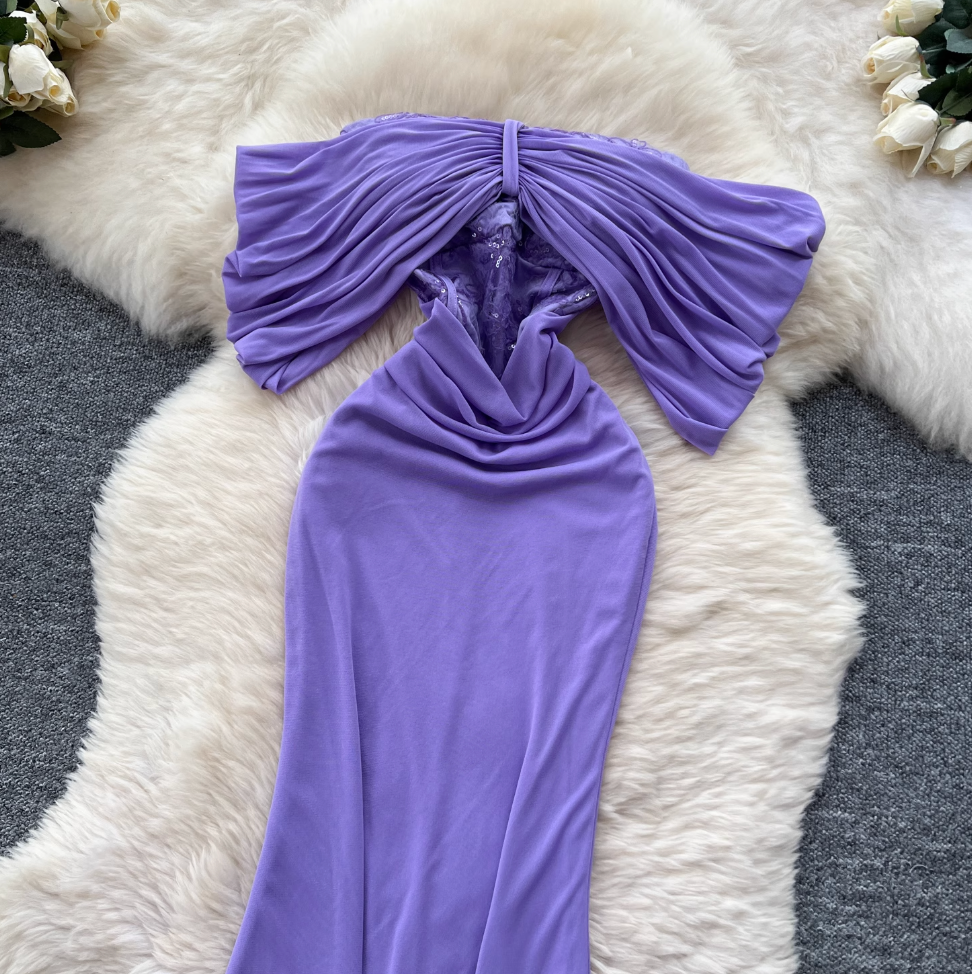 Off-shoulder Pleated Purple Fishtail Dress