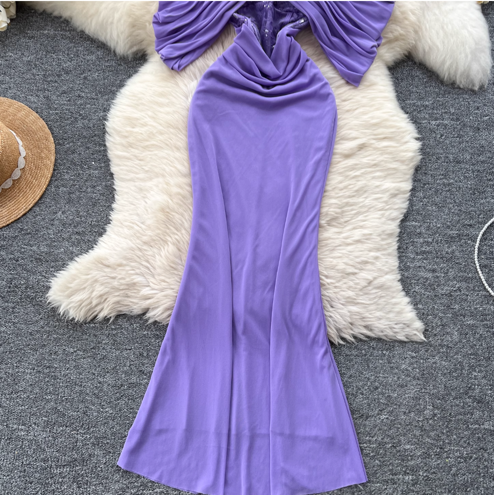 Off-shoulder Pleated Purple Fishtail Dress