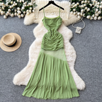 French Style Patchwork Pleated Slip Dress