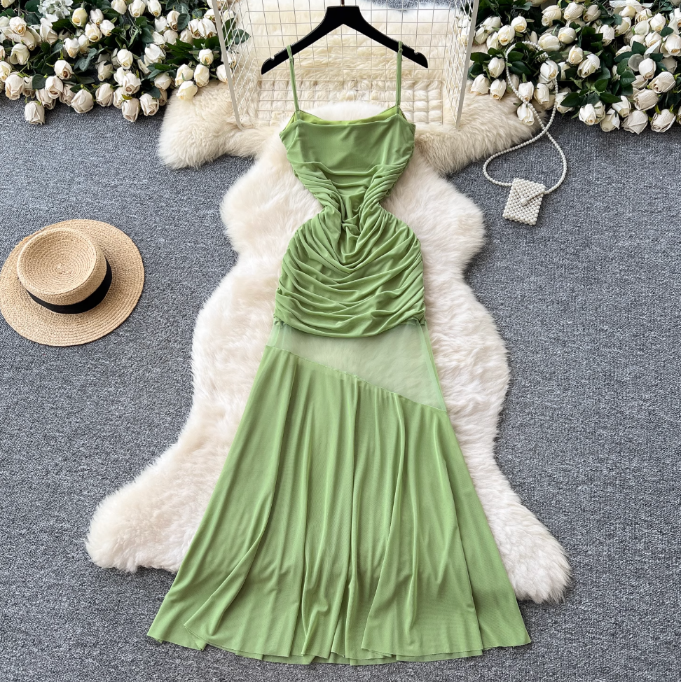 French Style Patchwork Pleated Slip Dress