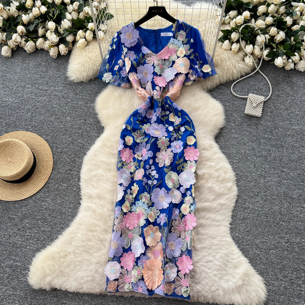 V-neck Flower Embroidered Party Dress
